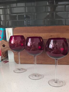 Lenox Set of 3 Ruby Red Stemmed Wine Glasses